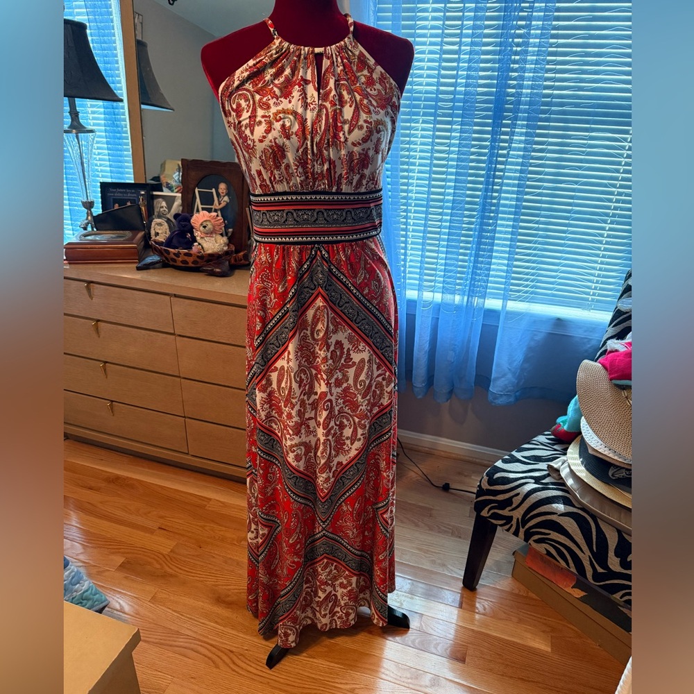 Elegant Red Paisley Halter Maxi Dress